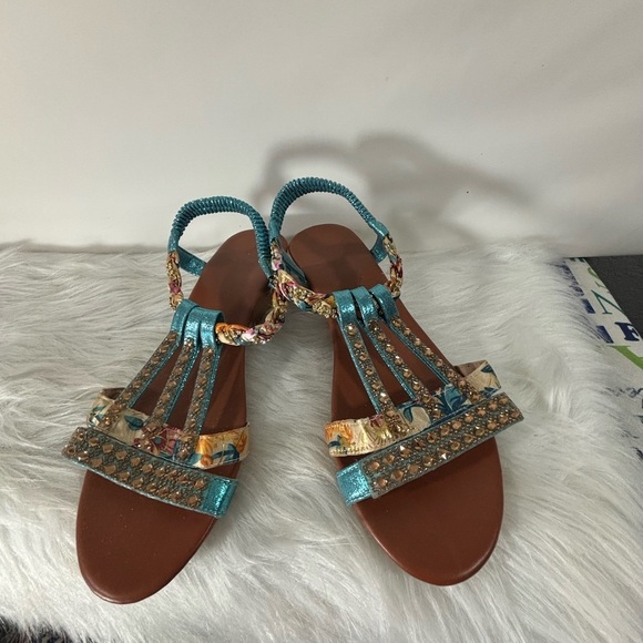 Blue and Brown Beaded Faux Leather Sandals with Ankle Straps - Picture 1 of 6